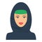 Islamic happy woman with headgear, hijab. Flat color vector