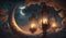 islamic illustration of a crescent moon and realistic clouds with traditional lanterns and candles lighting up the night.