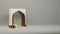 Islamic mega sale post with 3d realistic mosque door. Islamic background, Gift box, lantern, gold crescent moon on white.