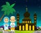 Islamic Mosque Cartoon in Mubarak Night With Couple Kids