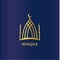 Islamic mosque linear silhouette. Cresent on dome, Islam symbol. Religion vector icon, logo template on dark blue