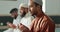 Islamic, praying and men in a Mosque for spiritual religion together as a group to worship Allah in Ramadan. Muslim
