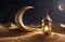 In an Islamic Ramadan Eid Ramzan Kareem setting, a radiant lantern adorns a sand dune, suspended from a crescent moon against a