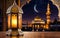 Islamic ramadan Ramzan Eid Theme. A lit lantern is in the foreground, with a mosque in the background. The night sky features a