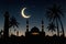 Islamic ramadan Ramzan Eid theme wallpaper background. A crescent moon is visible in a dark blue sky above a silhouette of a