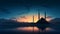 Islamic, Silhouette mosques on dusk sky twilight with crescent moon over mountain, religion of Islam and free space for text