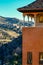 Islamic tower of the Alhambra in Granada with the mountain in the background.