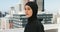 Islamic woman, hijab or fitness motivation in Australia for building rooftop workout, city training or exercise