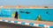 Islamic woman walks near the graffiti on the wall, Dakhla, Western Sahara