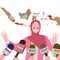 Islamic women front microphone interview mass media news background of indonesian island map with flat cartoon style