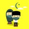 Islamic worship. Prayer. Holy month of Ramadan Muslims. Cute character Muslims worship wearing mask prevents virus