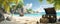 Island beach with opened pirate chest and tropical palms. Treasure of the Exotic Island. Generative AI