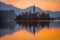 An Island with Church in Bled Lake, Slovenia at Sunrise