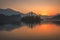 An Island with Church in Bled Lake, Slovenia at Sunrise