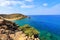 Island Crete, Greece. Empty beach with no travellers and tourists. Beautiful summertime view seascape. Island Crete, Greece.