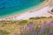 Island of Krk beach at Stara Baska aerial view