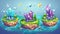 Island levels in an ocean with crystals, green grass, rocks, stars, and numbers. Cartoon 2D fantasy landscape platform