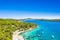 Island of Losinj, beautiful Adriatic coastline and town of Mali Losinj in background. Kvarner bay, Croati