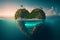 Island of lovers in the shape of a heart with tropical vegetation submerged in the water of the ocean, abstract view. Generative