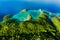 Island, nature and drone view of freedom, travel and explore, travel and trip with zen. Tropical, water and location for