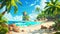 An island in the ocean, a beautiful tropical seaside, colourful palm trees, gold sand and rocks in blue water. A cartoon