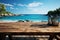 Island retreat Blurred sea island and sky backdrop complement wooden tables charm