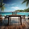 Island retreat Blurred sea island and sky backdrop complement wooden tables charm