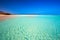 Island with sandy beach, green lagoon and clear water, Mal Nobre, Fuerteventura, Canary island, Spain.