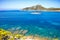 Island scenery, seascape of Mallorca Spain. Idyllic coastline of Majorca, Mediterranean Sea on sunny day