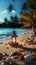 Island serenity Sand, palm, bokeh backdrop portray vacation concept, offering copy space