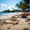 Island serenity Sand, palm, bokeh backdrop portray vacation concept, offering copy space