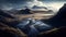 Island of A Snowy Mountain With Curved River Landscape Background AI Generative
