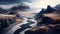 Island of A Snowy Mountain With Curved River Landscape Background AI Generative