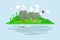 Islands, green hills, grey mountains with white peaks, blue skies, water, trees, balloons, boat sails, home