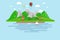 Islands, green hills, grey mountains with white peaks, blue skies, water, trees, balloons, boat sails, home, white clouds, shade