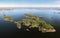 Islands in Vyborg bay, aero view of clean nordic nature. Beautiful rocks and cliffs with woods in North Europe, Baltic sea, gulf