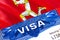 Isle of Man Visa in passport. USA immigration Visa for Isle of Man citizens focusing on word VISA. Travel Isle of Man visa in