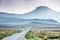 Isle of Skye - misty island landscape - hills silhouette covered in mist