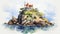 Islet Of China: A Detailed Watercolor Illustration Of A Rocky Island With A Lighthouse