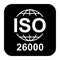 Iso 26000 icon. Social Responsibility. Standard quality symbol. Vector button sign isolated on black background