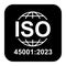 Iso 45001 2023 icon. Occupational Health and Safety. Standard quality symbol. Vector button sign isolated on black background