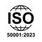 Iso 50001 2023 icon. Energy Management. Standard quality symbol. Vector button sign isolated on black background