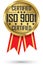 ISO 9001 certified gold label with red ribbon, vector illustration