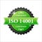 ISO certified 14001 green rubber stamp with green rubber on white background. Realistic object. Vector illustration.