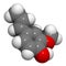 Isoeugenol fragrance molecule. 3D rendering. Atoms are represented as spheres with conventional color coding: hydrogen (white),