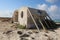 Isolated abandoned concrete beach first aid station with a cross on the wall, standing in white sand with the ocean, blue sky,