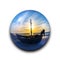 Isolated abstract glass ball with beautiful sunset sunrise and silhouette shipping boat inside with clipping path