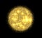 Isolated abstract round shape golden color shiny sun of tinsels image on black background, glowing disco ball