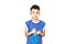 Isolated Alcohol gel bottles In the hands of asian boy on a white background with clipping path