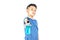 Isolated Alcohol gel bottles In the hands of asian boy on a white background with clipping path